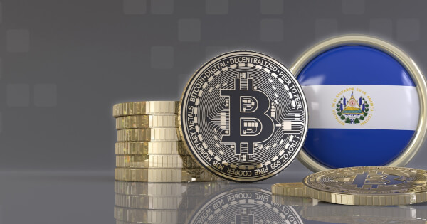 3d rendering of some metallic Bitcoins in front of an badge with the Salvadoran flag